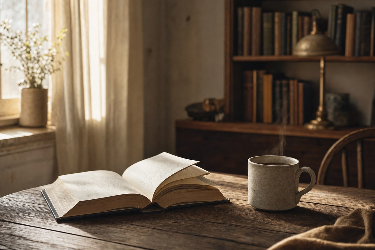 An open book on a wooden table beside a cup of coffee in soft window light