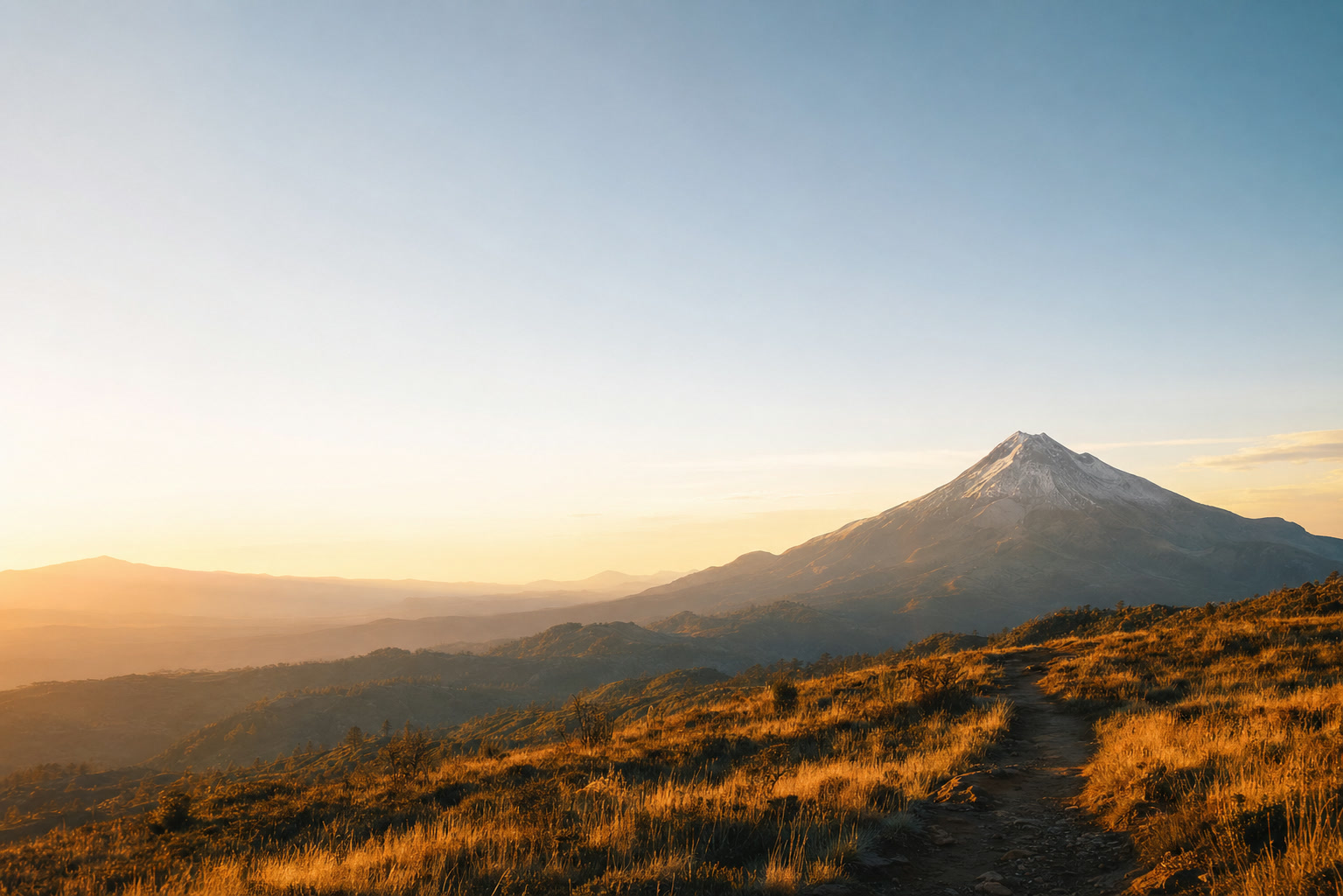 A path leading toward a distant mountain peak at golden hour